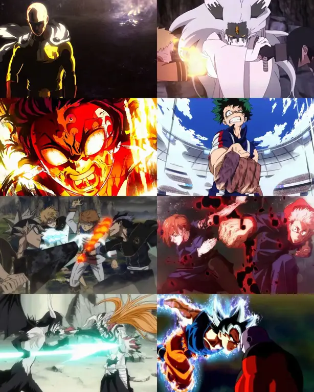 Adegan pertarungan yang menegangkan dan penuh aksi Gambar adegan pertarungan anime yang spektakuler