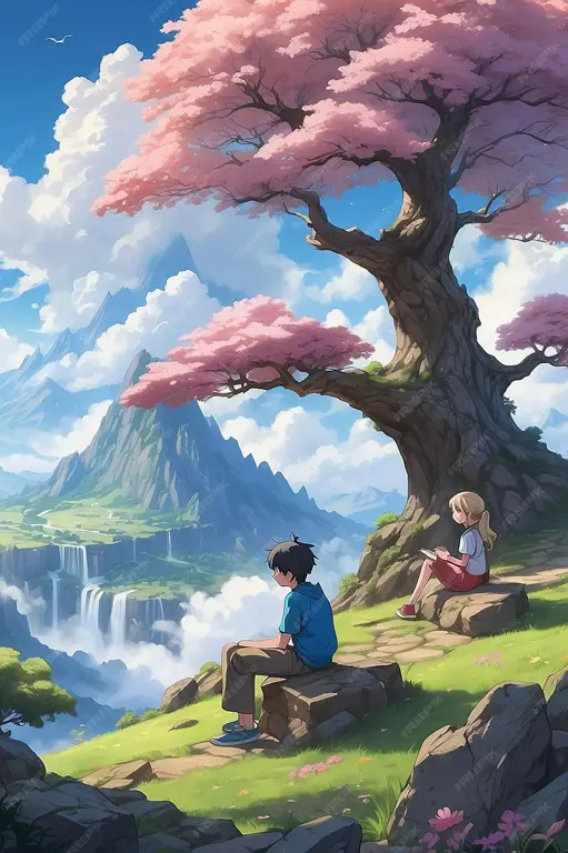 Petualangan romantis yang indah Pasangan anime berpetualang saat matahari terbenam