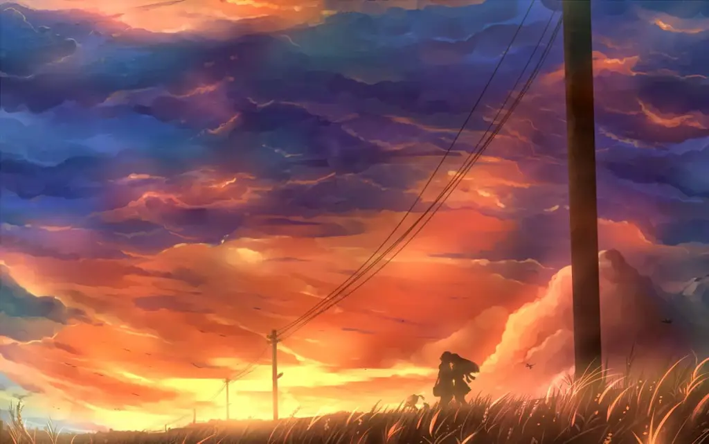 Pasangan anime di pantai saat matahari terbenam, menggambarkan romantisme