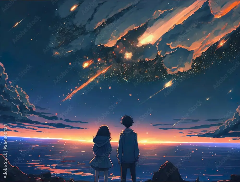 Pasangan anime sedang menonton anime bersama-sama dengan bahagia