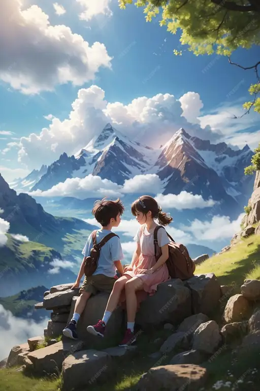 Pasangan anime menyaksikan matahari terbenam
