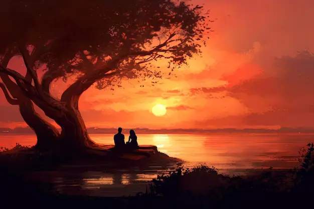 Momen romantis dalam anime Pasangan anime sedang menonton matahari terbenam