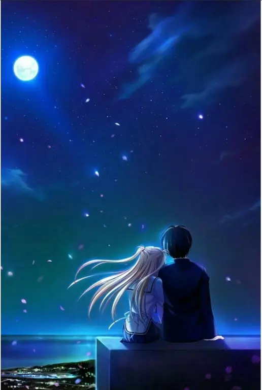 Momen romantis dalam anime Pasangan anime menikmati matahari terbenam