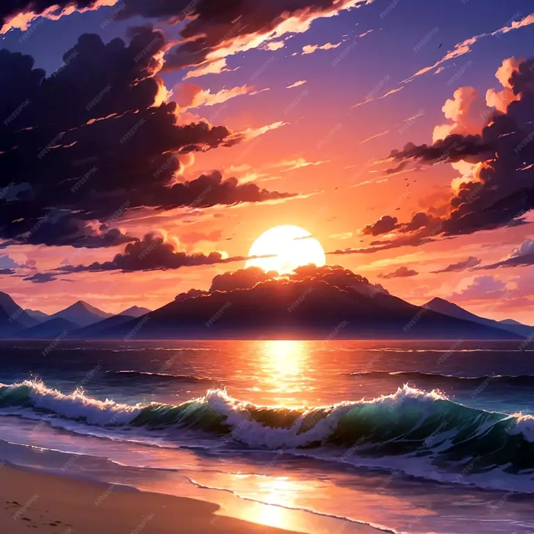 Suasana romantis anime yang bikin hati adem Pemandangan anime romantis pantai saat matahari terbenam