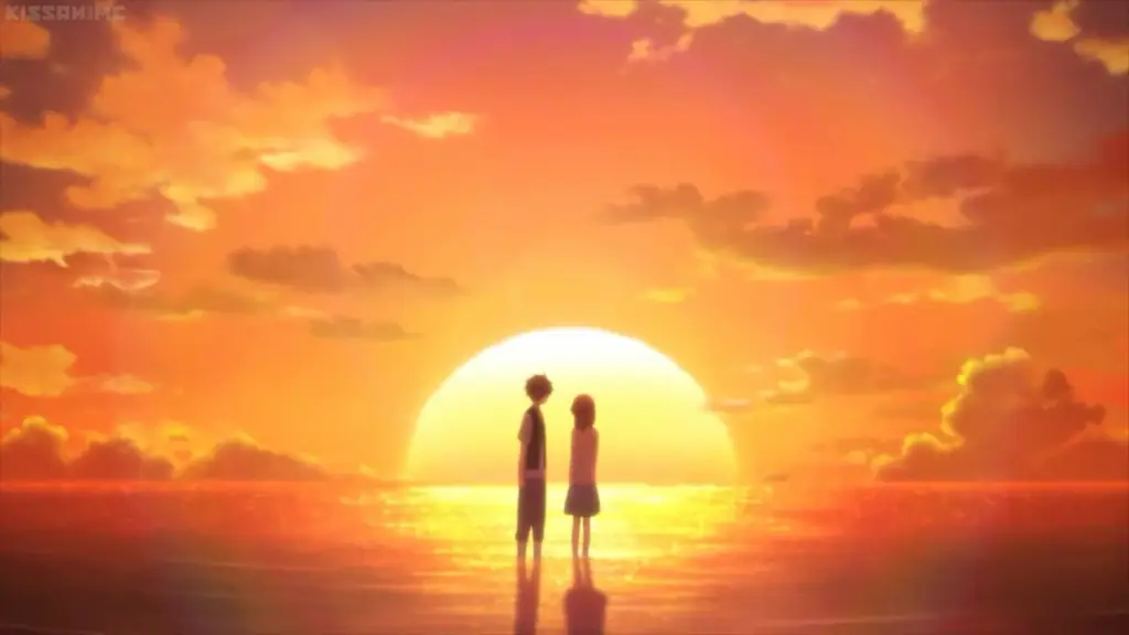 Momen romantis dalam anime Karakter anime menyaksikan matahari terbenam