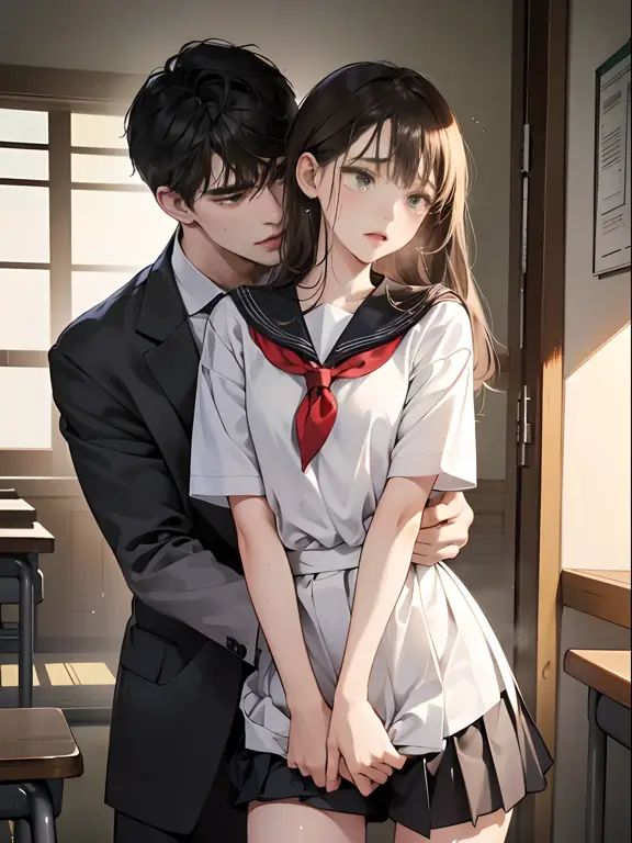 Pasangan Anime yang Romantis Pasangan anime dengan seragam sekolah yang sedang berpelukan