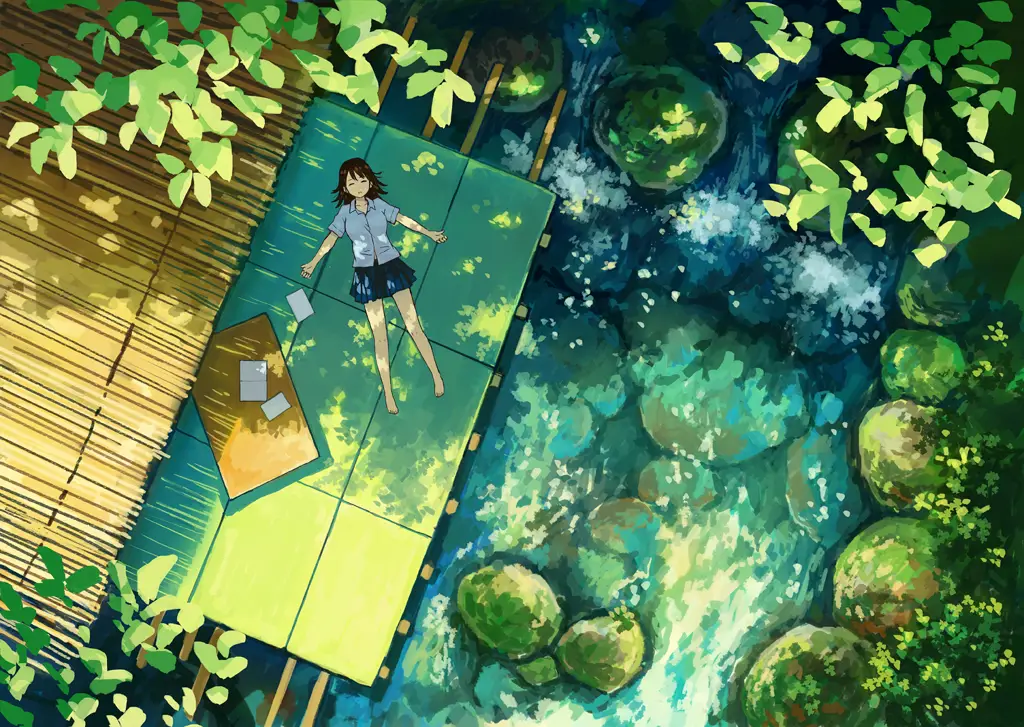 Menikmati Waktu Santai Gambar gadis anime yang sedang bersantai dengan ekspresi bahagia