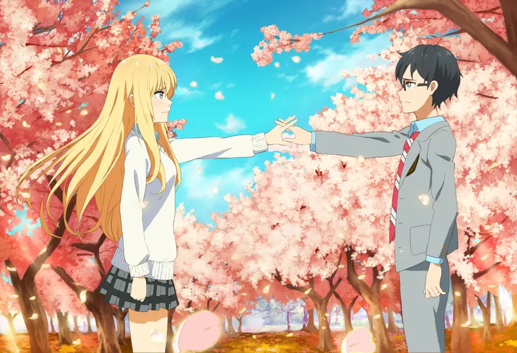 Screenshot Your Lie in April yang memperlihatkan Kousei dan Kaori