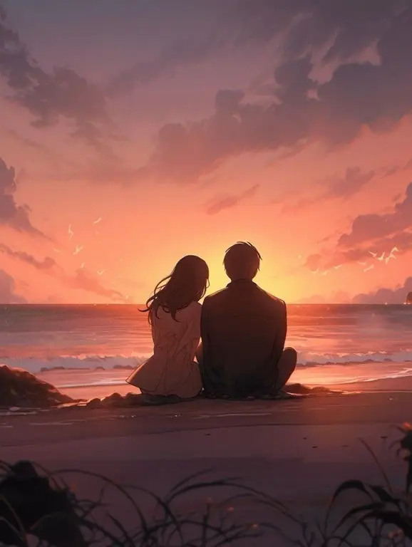 Menikmati Momen Romantis Pasangan anime bahagia menyaksikan matahari terbenam