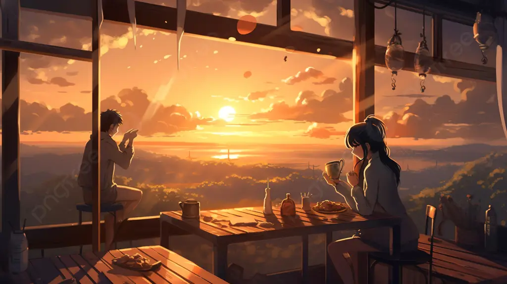 Ending yang bahagia dan romantis Pasangan anime bahagia menyaksikan matahari terbenam
