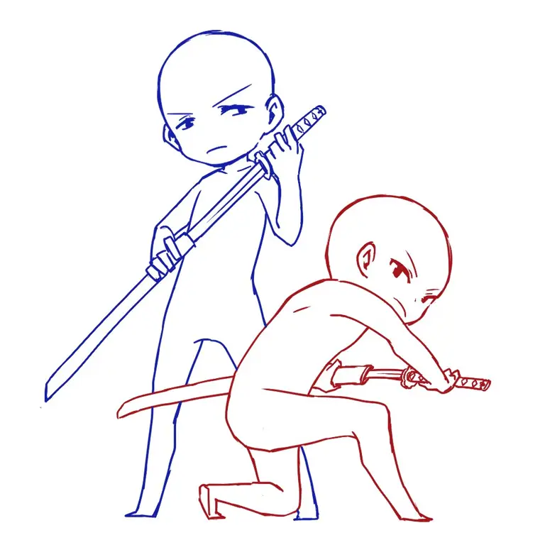 Pertempuran cinta dan pedang Pasangan anime sedang bertarung dengan pedang