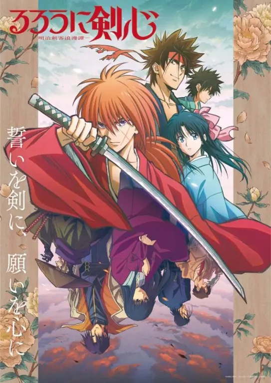 Rurouni Kenshin: Kisah Penebusan Dosa Seorang Pembunuh Visual utama anime Rurouni Kenshin menampilkan karakter utama Himura Kenshin
