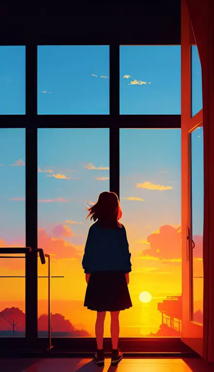 Suasana Romantis di Anime Sekolah Pemandangan sekolah anime yang romantis saat matahari terbenam
