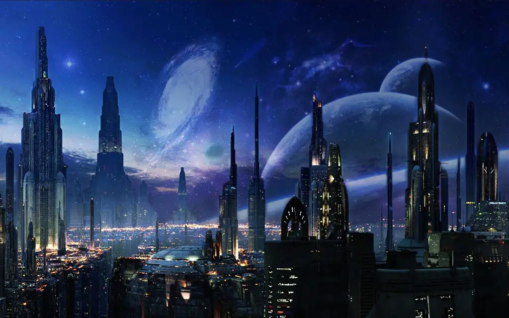 Kota Futuristik di Luar Angkasa Ilustrasi kota futuristik di luar angkasa