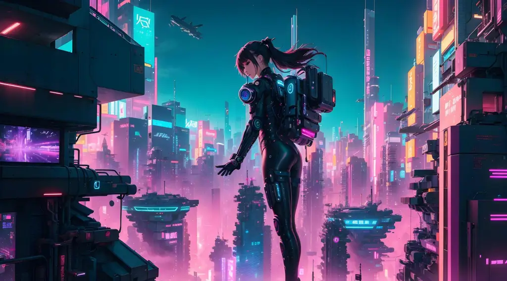 Contoh Grafis Anime Sci-Fi yang Memukau Animasi cityscape cyberpunk yang futuristik dan detail
