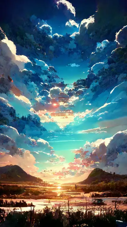 Pemandangan Anime yang Menawan Pemandangan alam yang indah dalam gaya anime, cocok untuk latar belakang cerita petualangan.