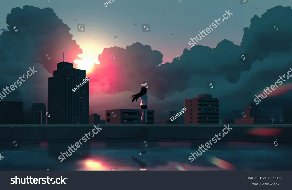 Momen Romantis di Anime Karakter anime sedang menyaksikan matahari terbenam bersama-sama