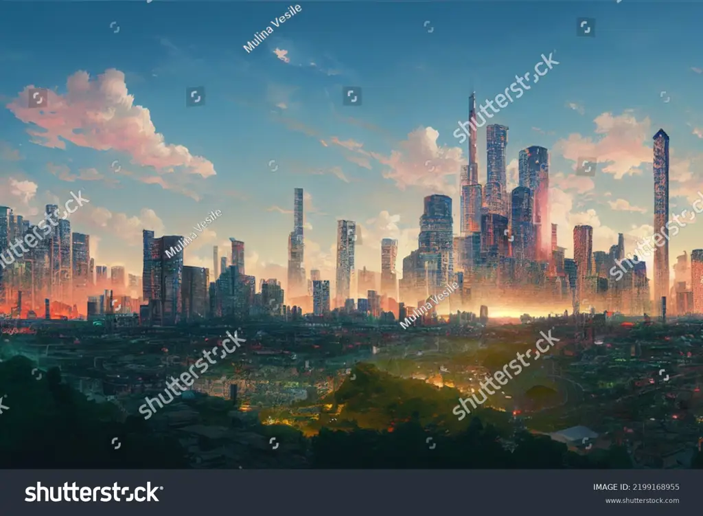 Ilustrasi anime dengan latar kota masa depan yang megah Pemandangan kota futuristik di anime
