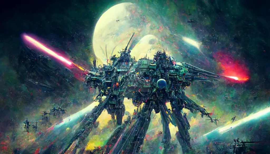 Mecha raksasa bertempur di kota futuristik Adegan pertarungan mecha di anime