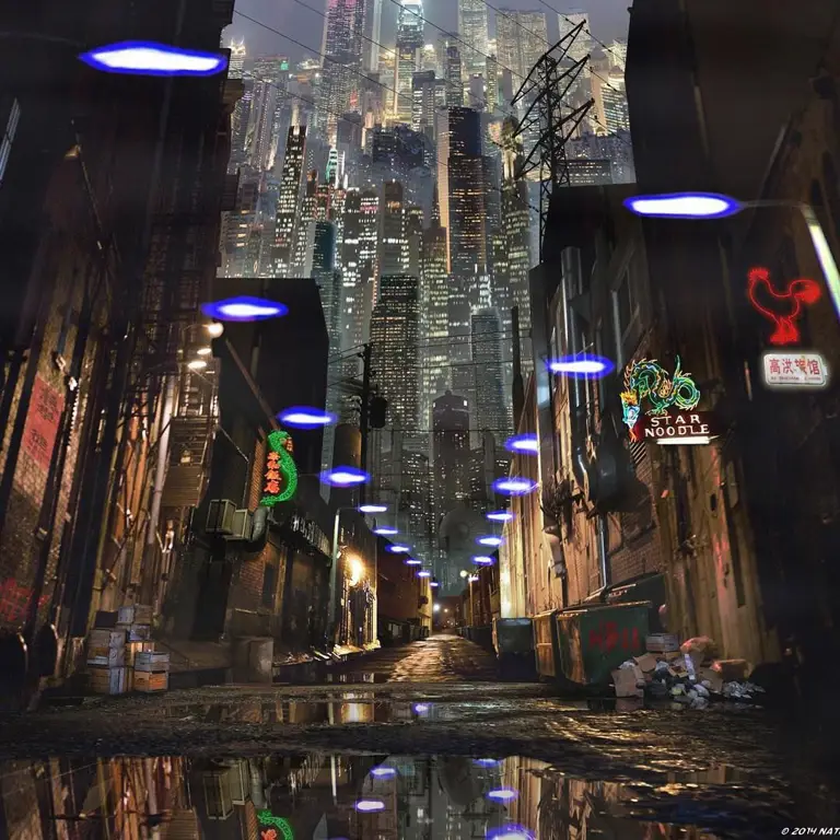 Kota Futuristik di Anime Sci-Fi Ilustrasi kota cyberpunk yang futuristik dan penuh dengan robot