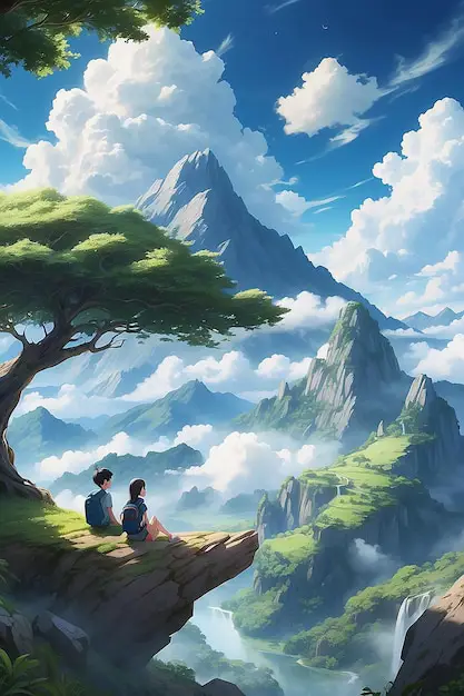 Menikmati Sunset Bersama Karakter anime menyaksikan matahari terbenam