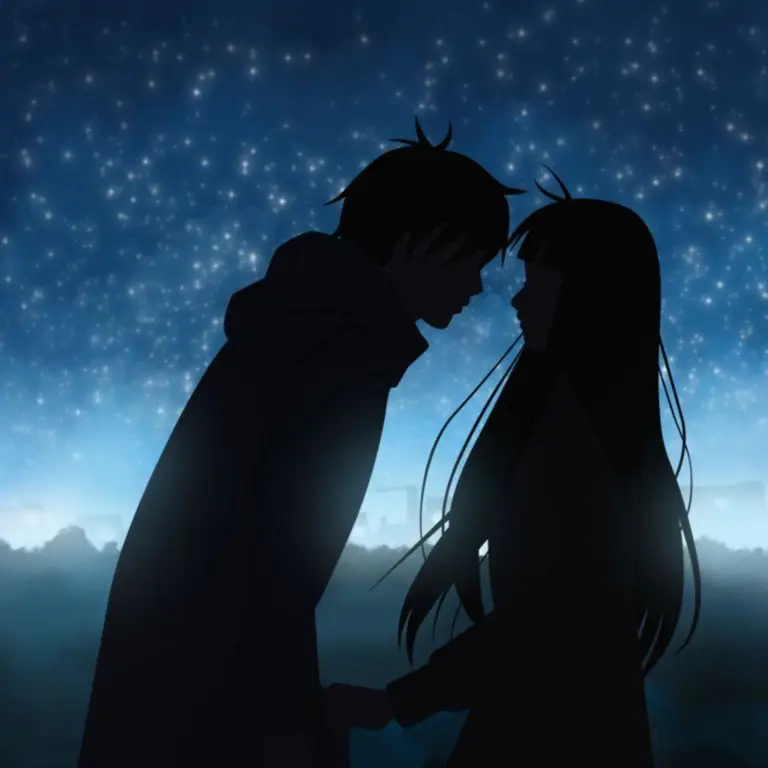 Ilustrasi pasangan anime dalam pose romantis Ilustrasi pasangan anime romantis