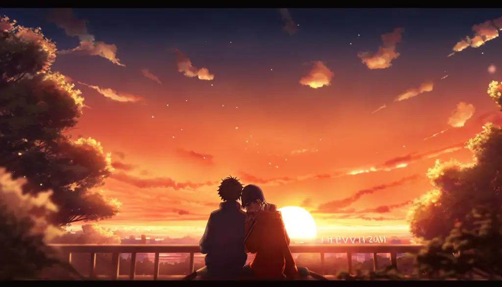 Pemandangan anime yang indah dan romantis Pemandangan romantis saat matahari terbenam di anime