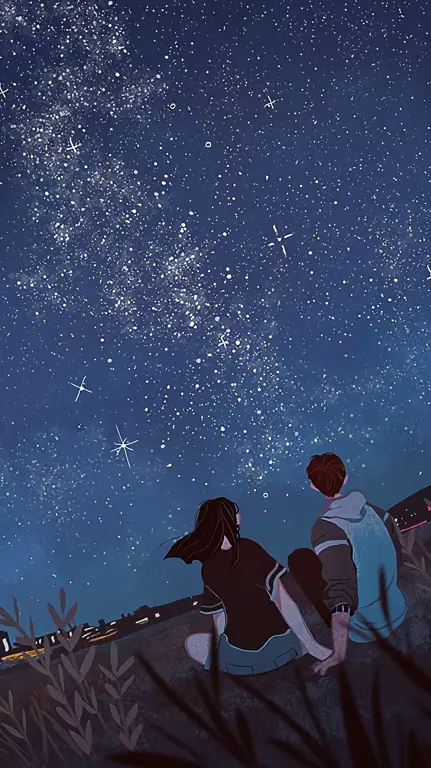Suasana romantis saat menonton anime Pasangan anime sedang melihat bintang
