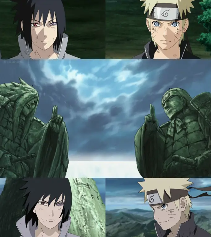 Pertarungan sengit antara Naruto dan Sasuke Naruto dan Sasuke bertarung
