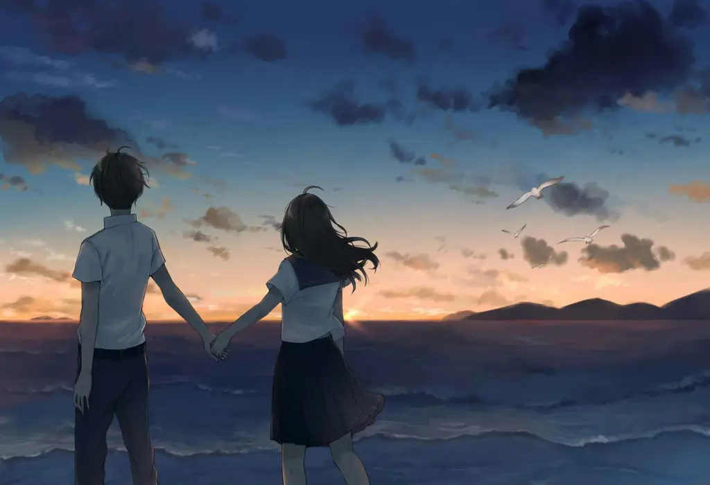 Suasana romantis dalam anime Pemandangan anime romantis saat matahari terbenam
