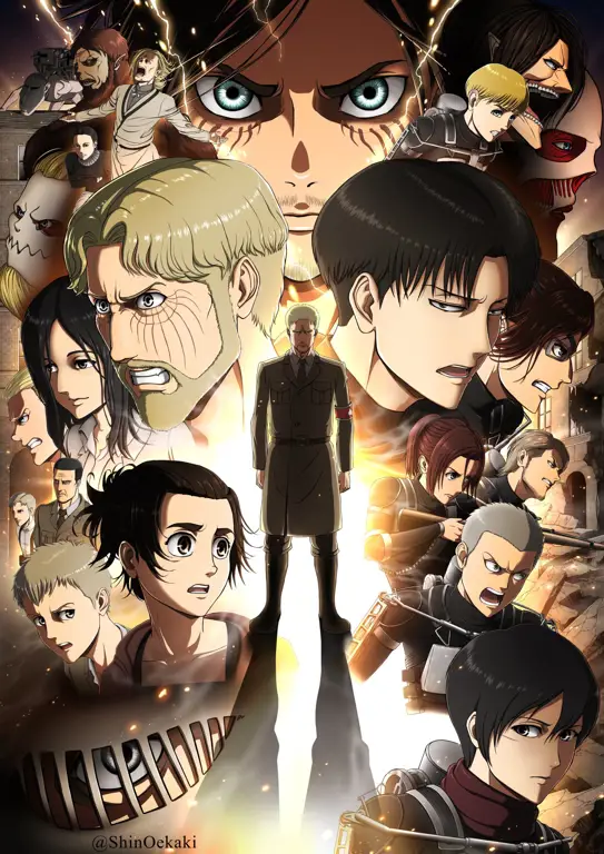 Gambar Eren dan teman-temannya melawan Titan