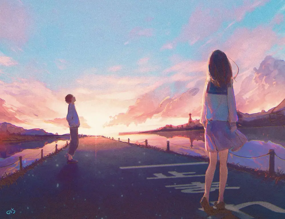 Menikmati Momen Romantis Gambar pasangan anime sedang menonton matahari terbenam