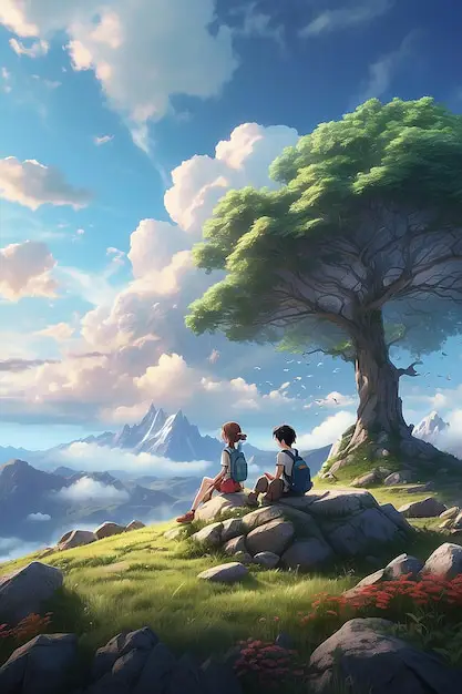 Momen romantis menyaksikan matahari terbenam Karakter anime menyaksikan matahari terbenam