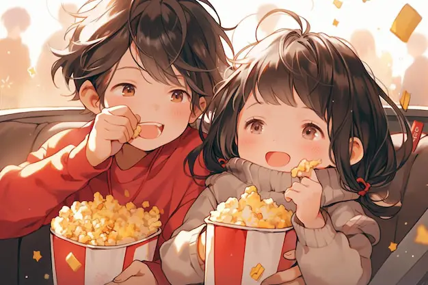 Menikmati anime romantis bersama pasangan Pasangan sedang menonton anime bersama-sama