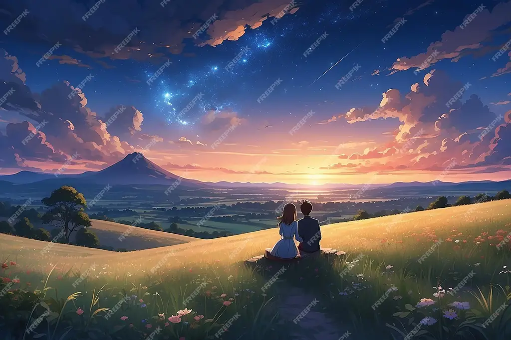 Suasana Romantis di Anime Pemandangan matahari terbenam yang indah, cocok sebagai latar belakang cerita romantis
