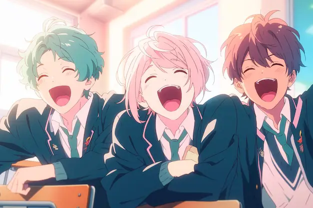 Momen-momen lucu dan persahabatan yang hangat Gambar sekelompok teman anime yang tertawa terbahak-bahak