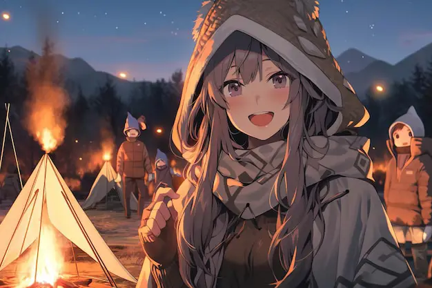 Gambar anime Yuru Camp dengan pemandangan alam yang indah dan karakter-karakter gadis yang lucu sedang berkemah.