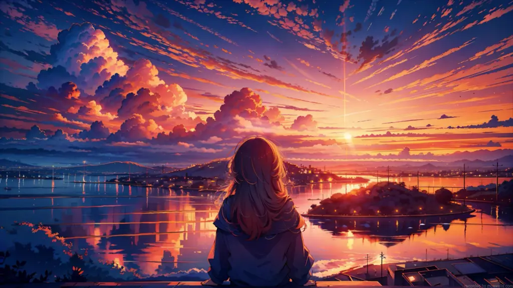Menikmati Anime Bersama Teman Sekelompok karakter anime menonton matahari terbenam