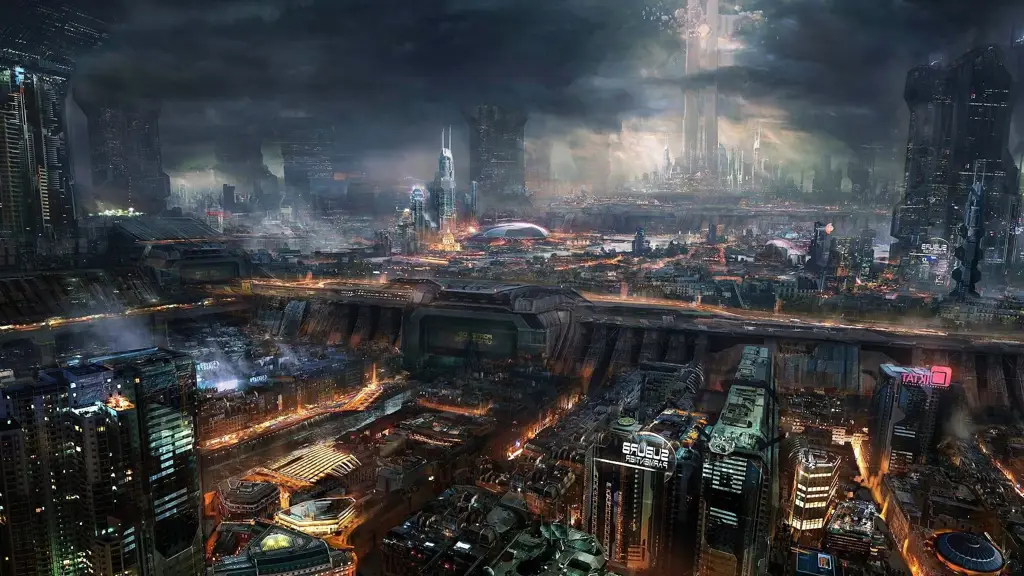 Pemandangan Kota Futuristik Ilustrasi pemandangan kota cyberpunk
