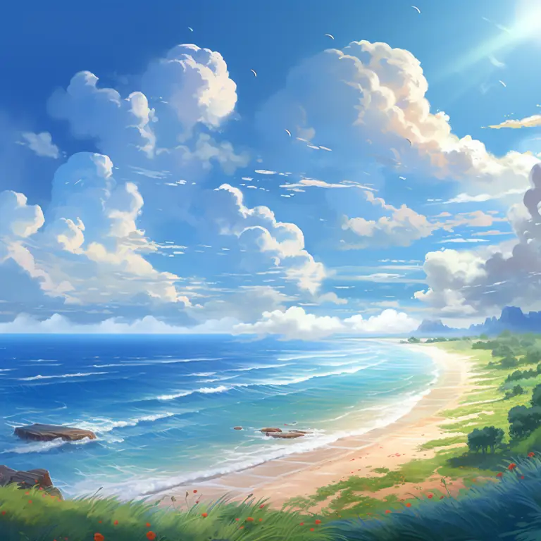 Anime Summer di Pantai Pemandangan pantai yang cerah dan menyegarkan, cocok untuk anime summer.
