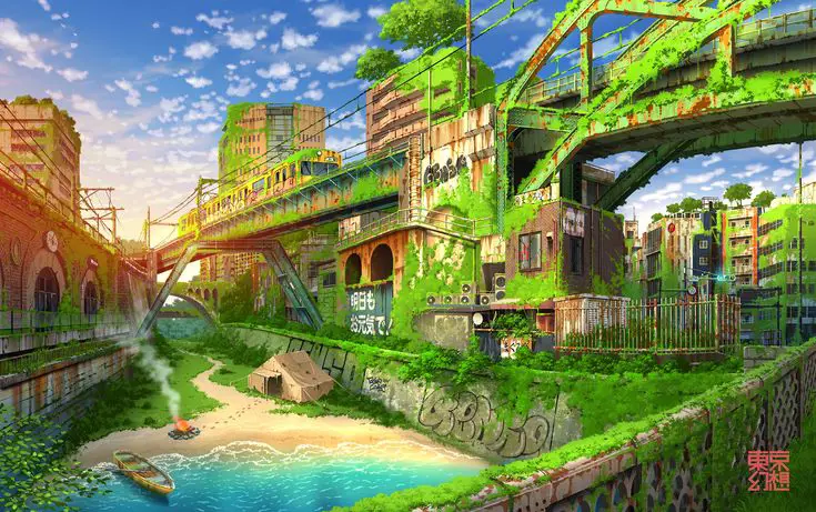 Dunia Hancur, Petualangan Berlanjut Pemandangan pasca-apokaliptik dalam anime