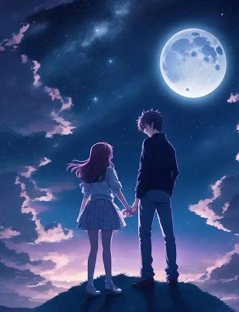 Adegan romantis anime di malam hari Adegan romantis anime di malam hari dengan latar pemandangan indah