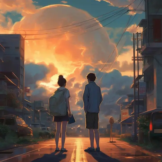 Suasana romantis di tengah petualangan survival Adegan romantis saat matahari terbenam di anime
