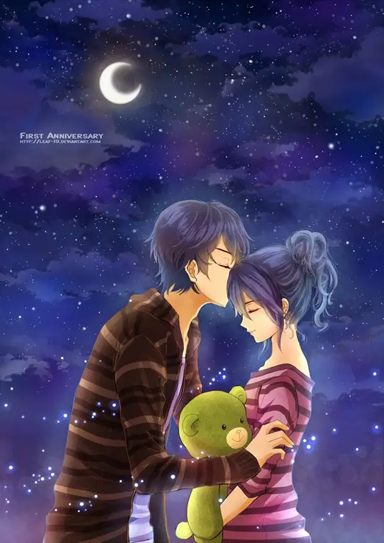 Ilustrasi pasangan anime yang sedang berpelukan Pasangan anime yang bahagia
